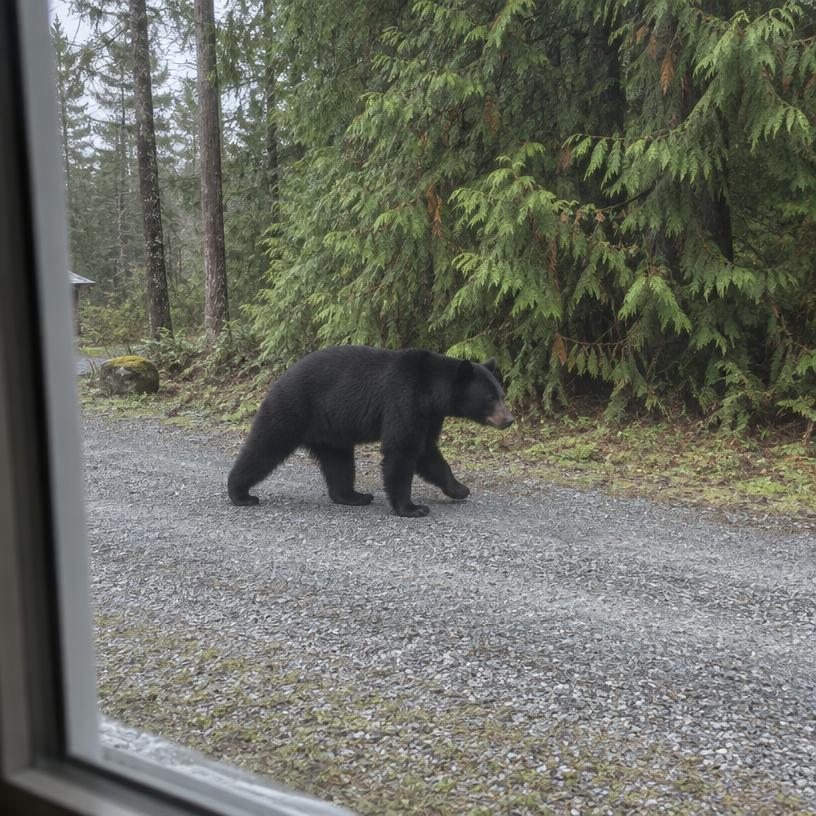 Example photo: a black bear walking across a gravel driveway beside forest
