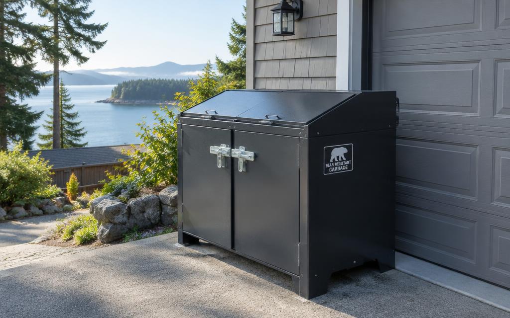 A locking bear-resistant garbage bin beside a garage door