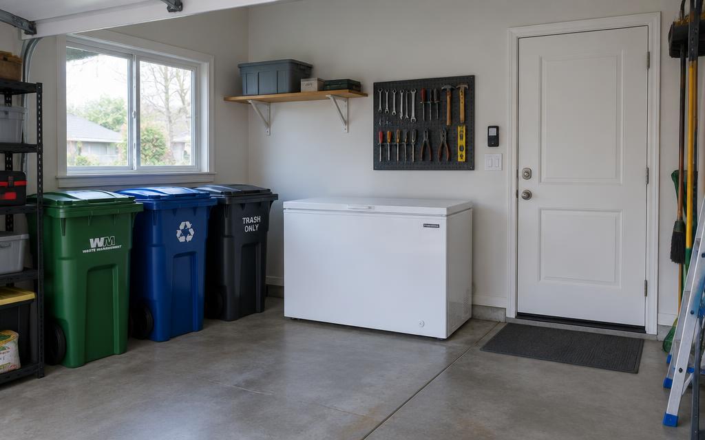 A tidy garage with bins stored inside, a freezer and a closed side door