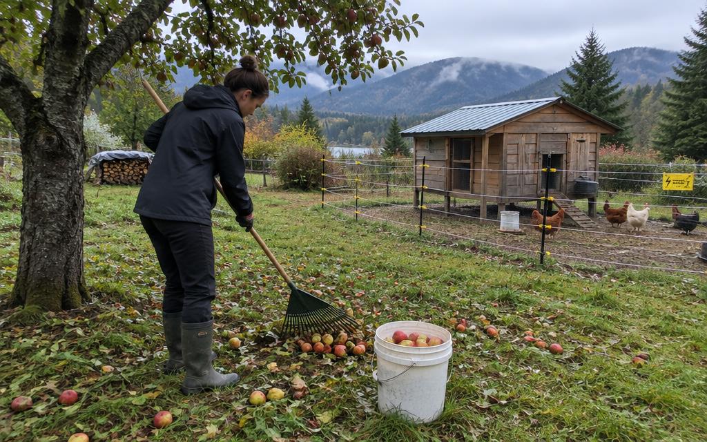 Raking windfall apples into a bucket beside an electric-fenced chicken coop