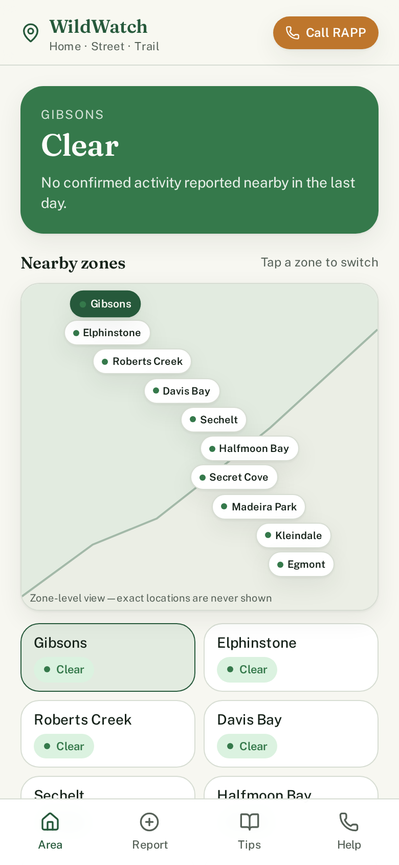 WildWatch home screen showing the area status and zone map